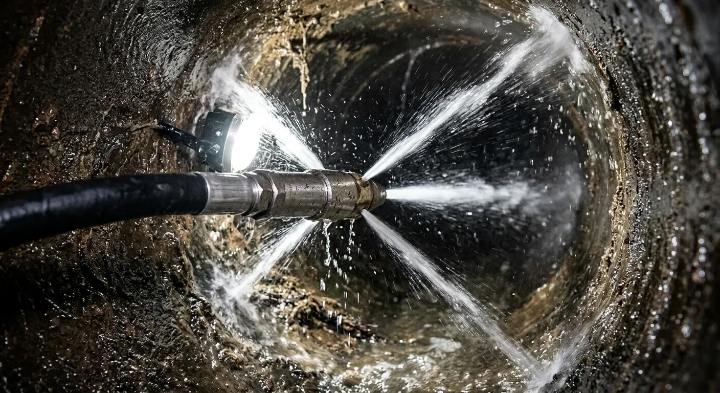 High-pressure hydro jetting nozzle cleaning sewer pipe for Trenchless Sewer Repair in Abington