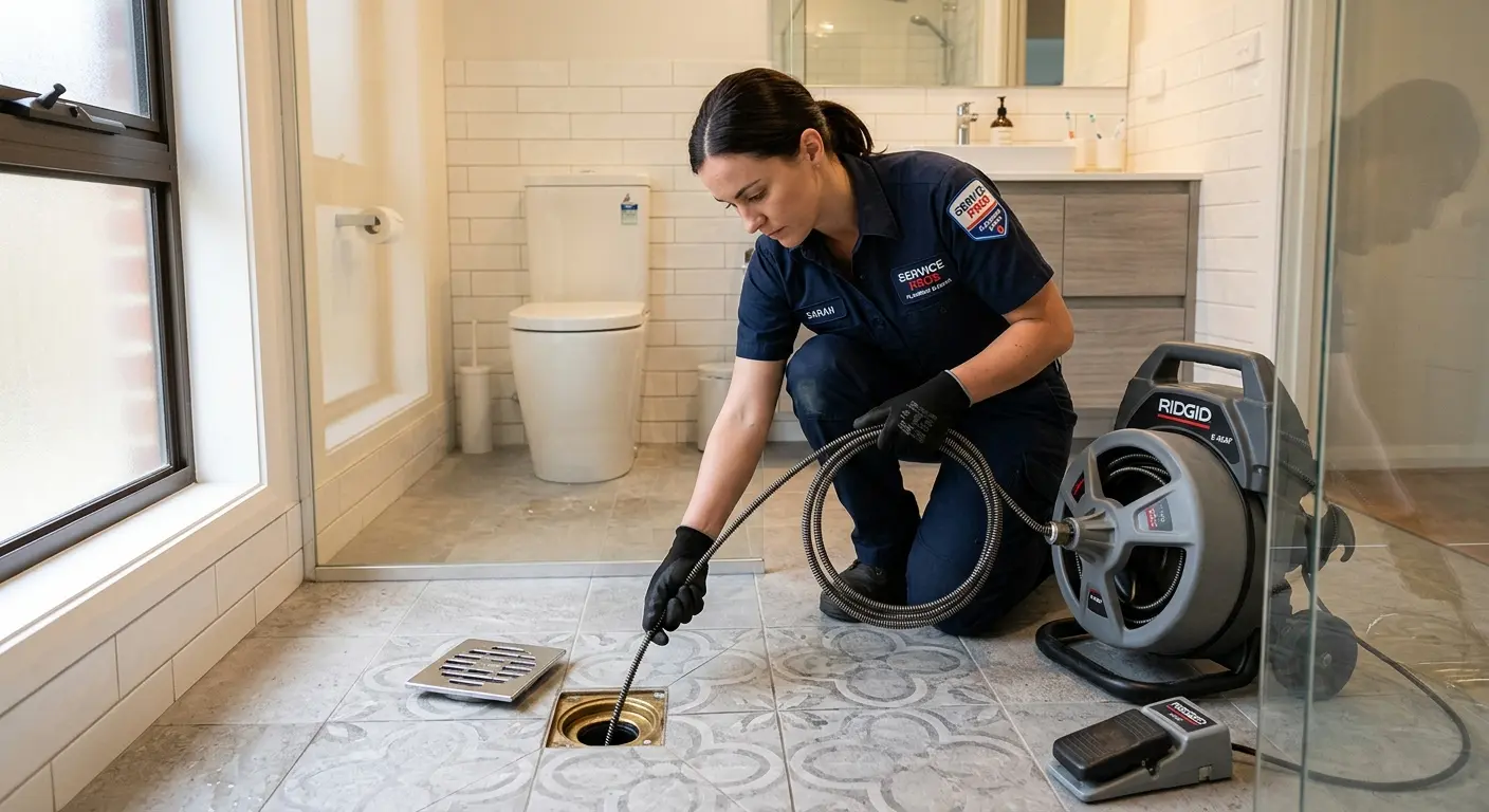 Technician clearing a bathroom floor drain for Sewer Line Installation in Abington